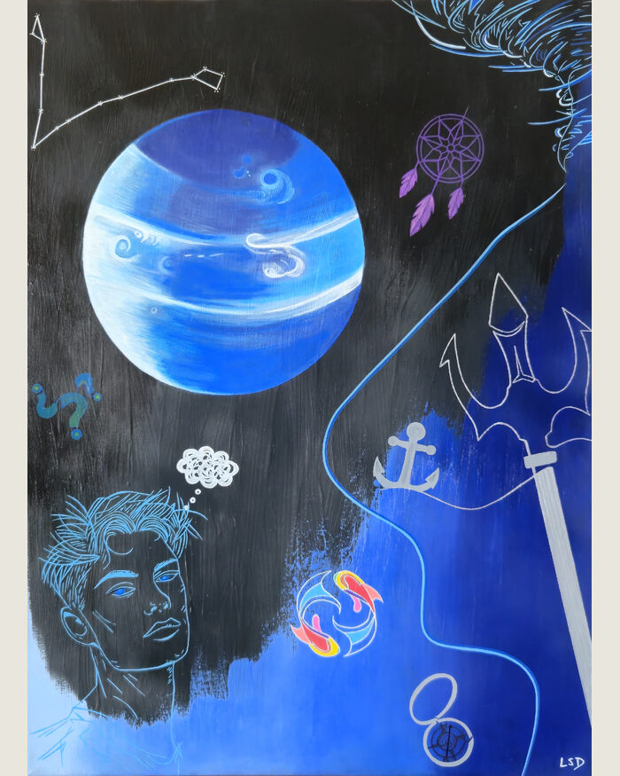 Neptunien, composition planète bleue avec symboles et lignes