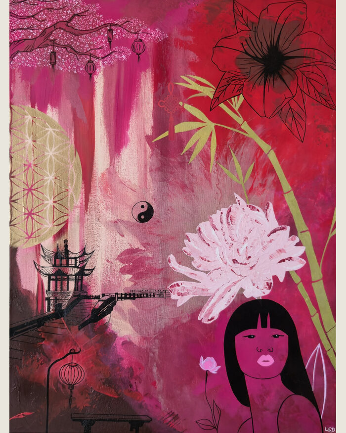 China Girl, composition rose avec motifs floraux et asiatiques